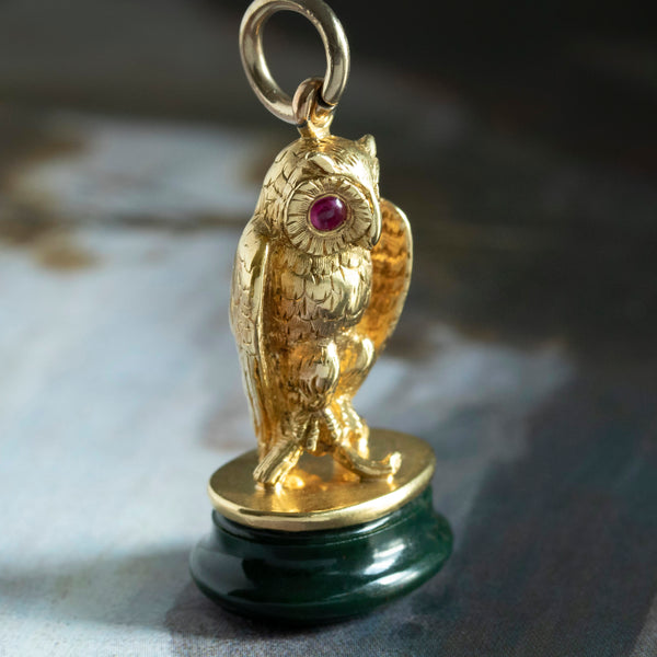 Victorian 18k Gold & Ruby Owl Seal Fob Pendant