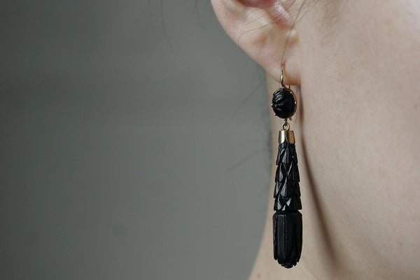 Victorian Carved Whitby Jet Drop Earrings LAELIUS Antiques