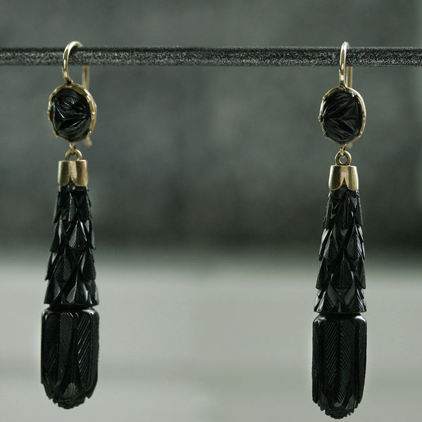 LAELIUS Antiques Victorian Carved Whitby Jet Drop Earrings