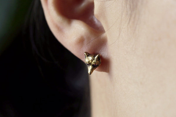 Child's Black And White Cubic Zirconia Fox Stud Earrings In 10K Gold