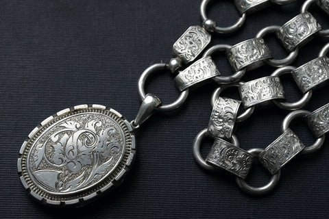 Victorian Oversized Sterling Silver Locket and Chain