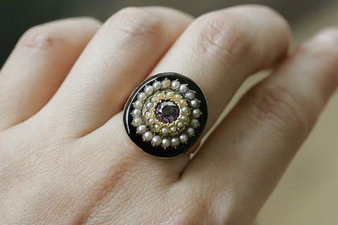 Georgian Black Enamel, Pearl and Amethyst Target Ring