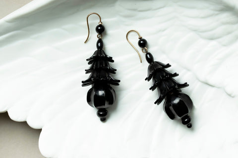 C.1870. Victorian Carved Whitby Jet 'Pagoda' Earrings