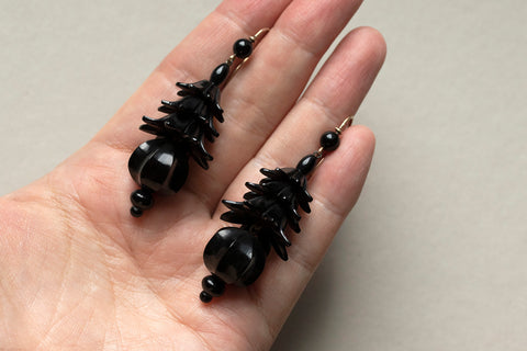 C.1870. Victorian Carved Whitby Jet 'Pagoda' Earrings