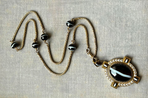 Victorian Banded Agate Orb Chain Necklace & Locket