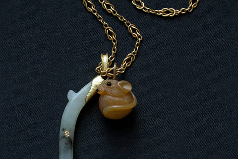 Carved Agate Mouse Pendant with Amulet Pendant on Gold Chain