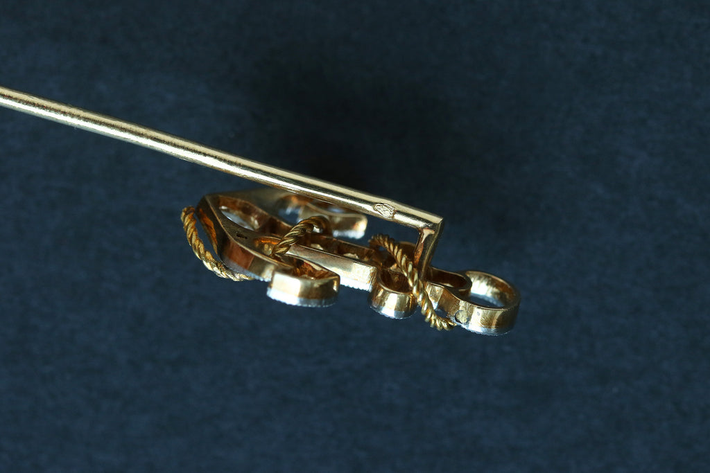 Early 20th Century French Diamond and 18K Gold Anchor Stick Pin Hallmark