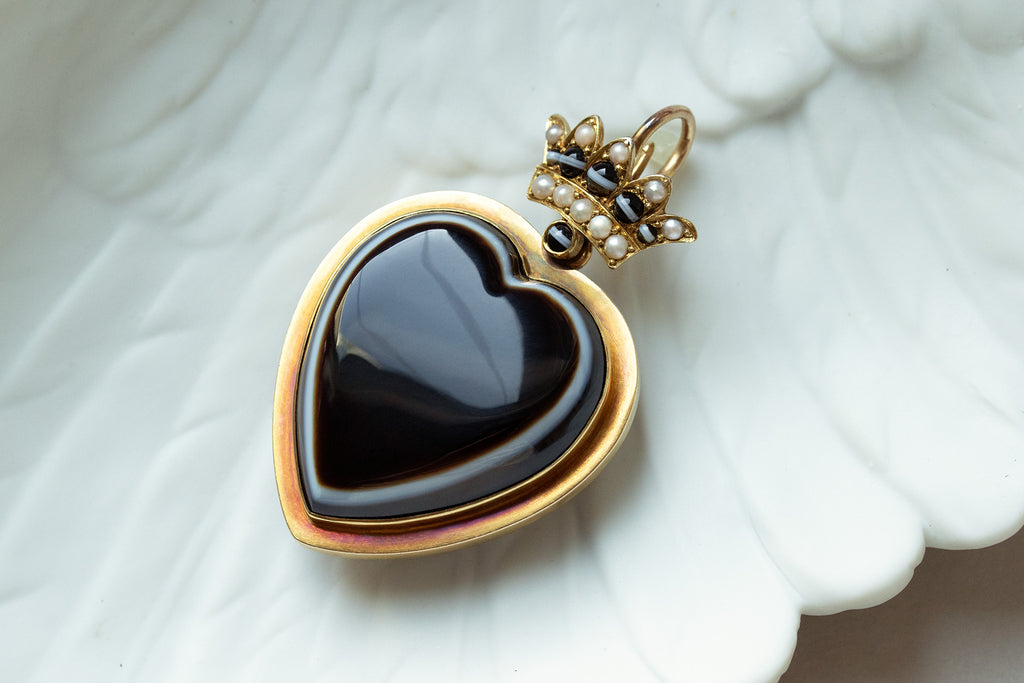 Mid-Victorian Banded Agate Heart Pendant with Hidden Cameo Reverse