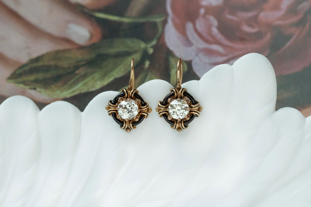 Victorian Black Enamel & Diamond Earrings