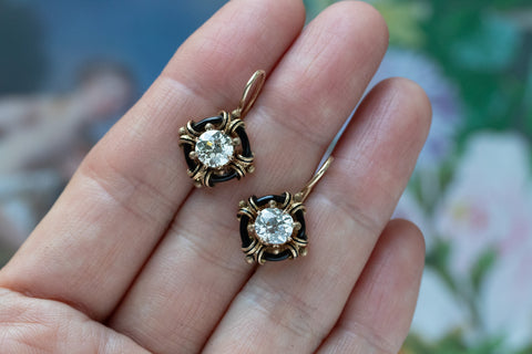 Victorian Black Enamel & Diamond Earrings