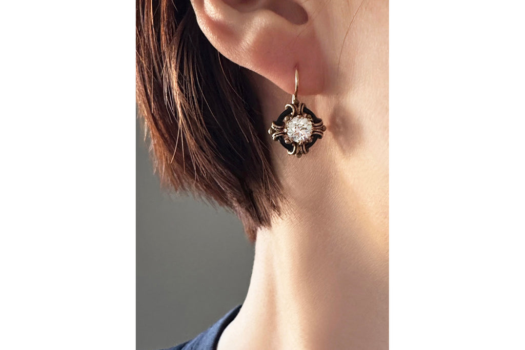 Victorian Black Enamel & Diamond Earrings