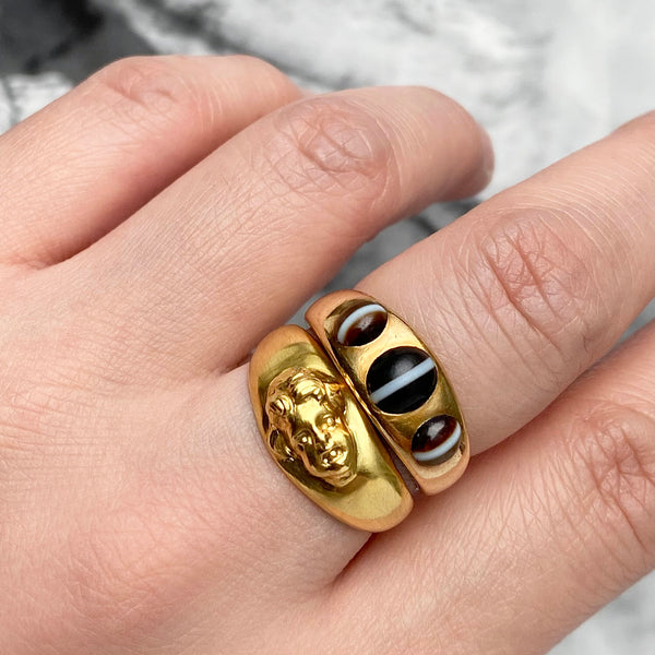 Victorian banded agate ring and cherub ring