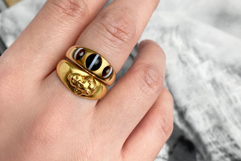 Victorian banded agate ring and cherub ring