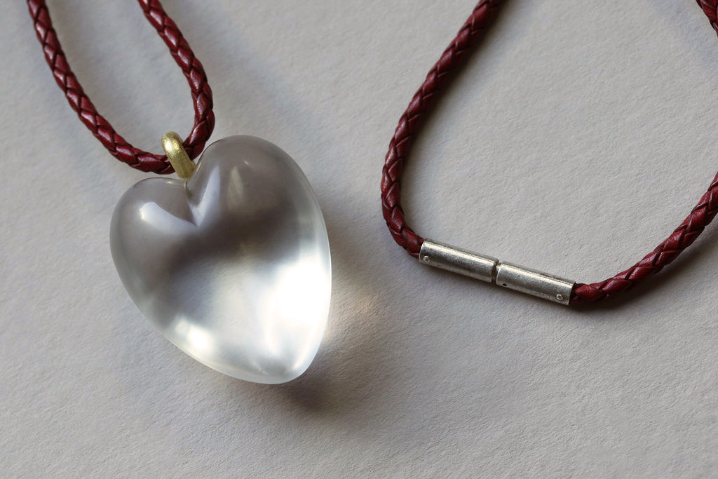Large Rock Crystal Heart Pendant with Leather Cord