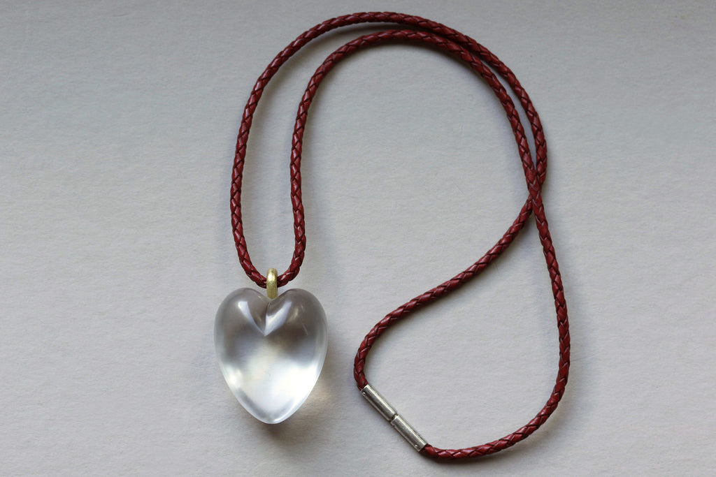 Large Rock Crystal Heart Pendant with Leather Cord
