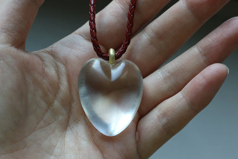 Large Rock Crystal Heart Pendant with Leather Cord