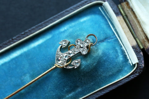 Early 20th Century French Diamond and 18K Gold Anchor Stick Pin