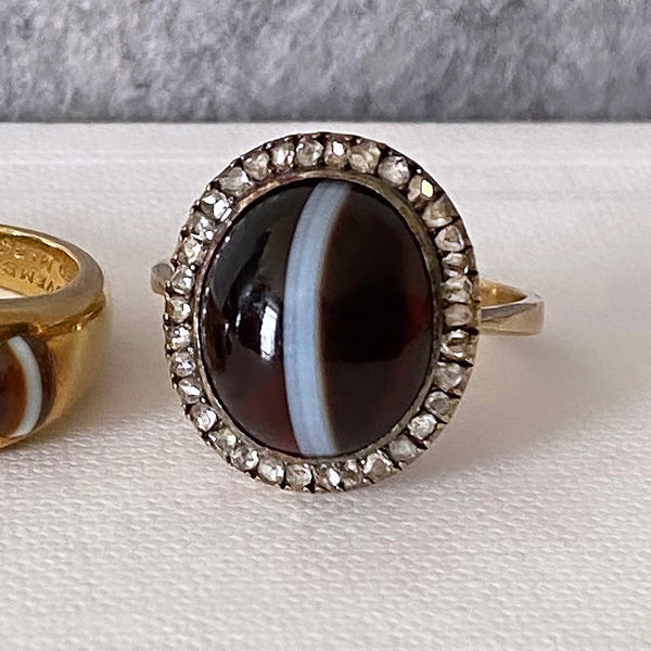 Mid-Victorian Banded Agate Diamond Halo Ring