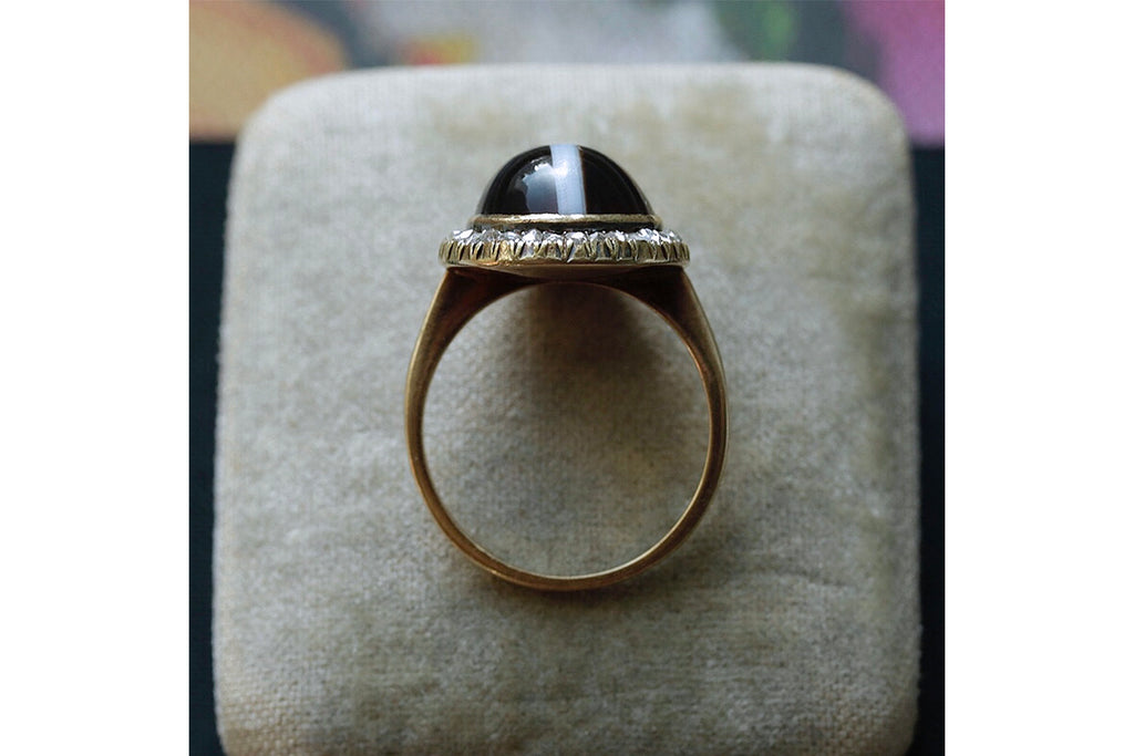 Victorian Banded Agate Diamond Halo Ring