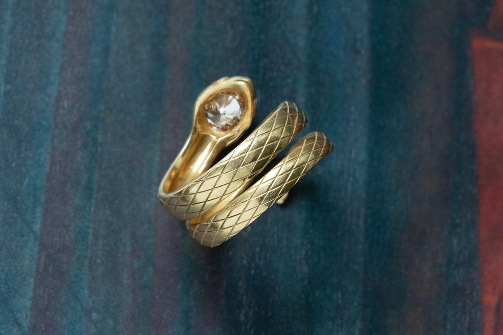 1940s Coiled Serpent Diamond and Ruby Ring