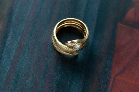 1940s Coiled Serpent Diamond and Ruby Ring