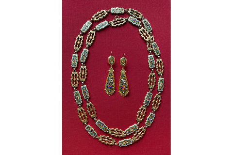 C.1830. 'Birds of Paradise' Enamel Sautoir Chain & Earrings
