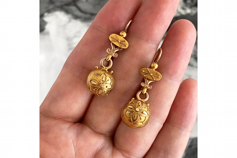 Victorian Etruscan Revival Gold Drop Earrings