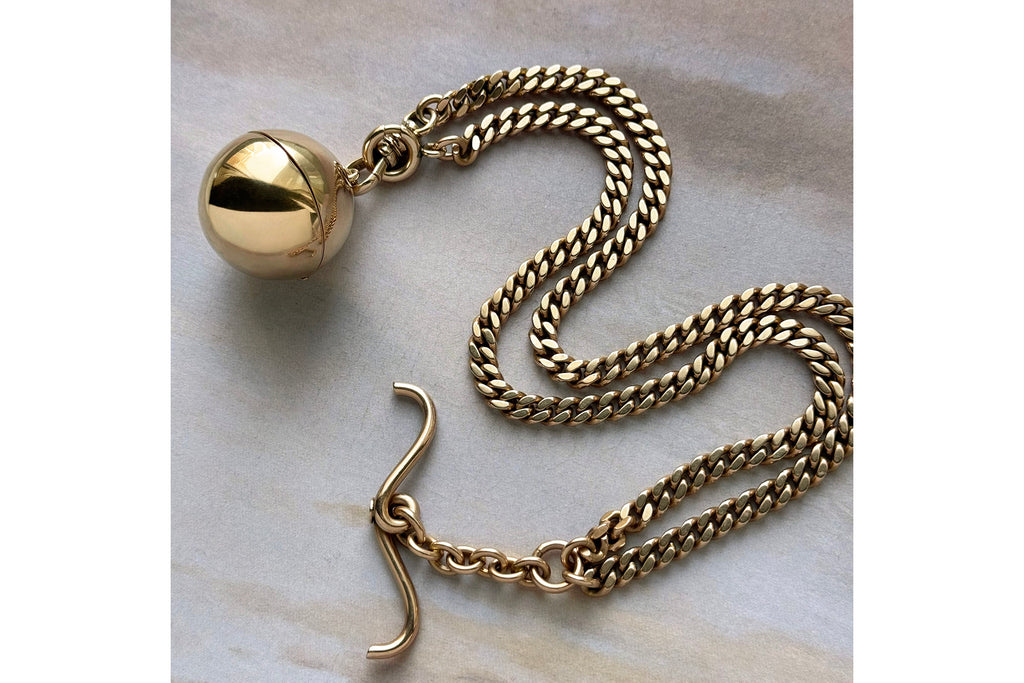 Early 20th Century Large Gold Orb Locket with Edwardian Watch Chain