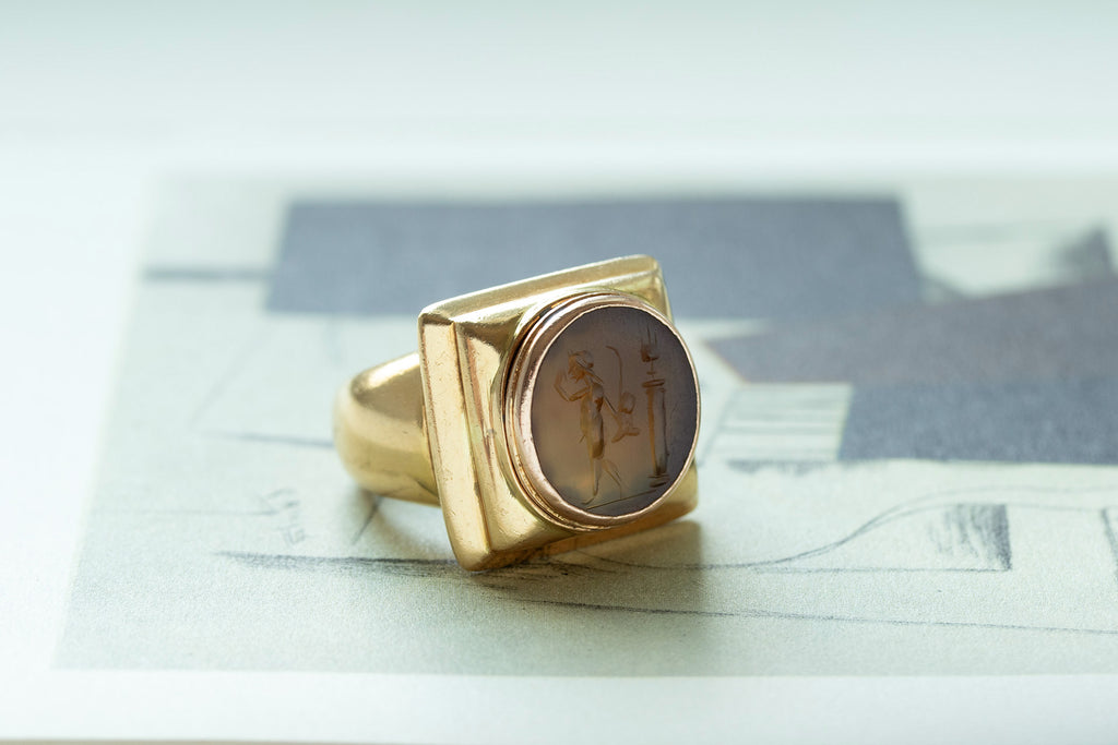 Heavy 18k Gold & Carved Carnelian Mercury Intaglio Ring