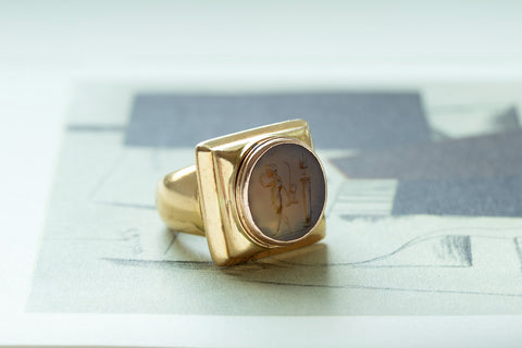 Heavy 18k Gold & Carved Carnelian Mercury Intaglio Ring