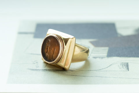 Heavy 18k Gold & Carved Carnelian Mercury Intaglio Ring