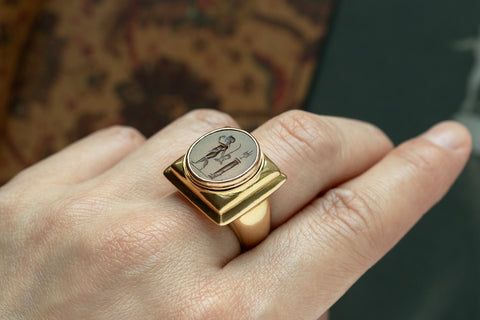 Heavy 18k Gold & Carved Carnelian Mercury Intaglio Ring