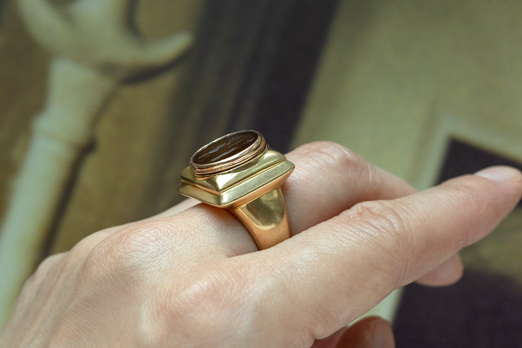 Heavy 18k Gold & Carved Carnelian Mercury Intaglio Ring