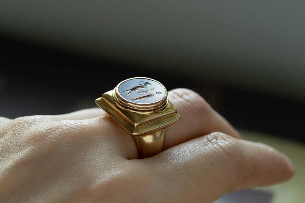 Heavy 18k Gold & Carved Carnelian Mercury Intaglio Ring