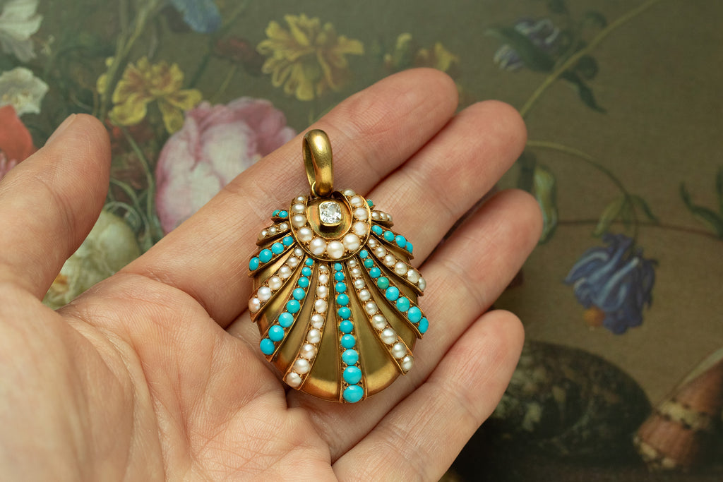 Mid-Victorian Turquoise Pearl Diamond 'Seashell' Locket