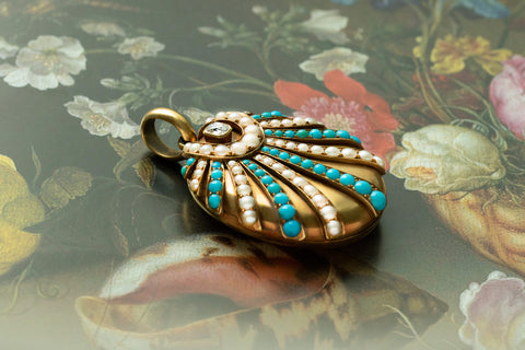 Mid-Victorian Turquoise Pearl Diamond 'Seashell' Locket