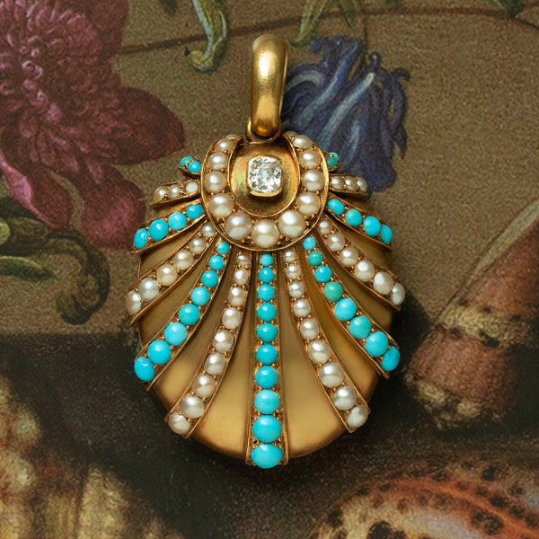 Mid-Victorian Turquoise Pearl Diamond 'Seashell' Locket