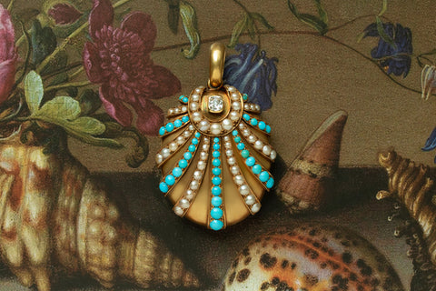 Mid-Victorian Turquoise Pearl Diamond 'Seashell' Locket