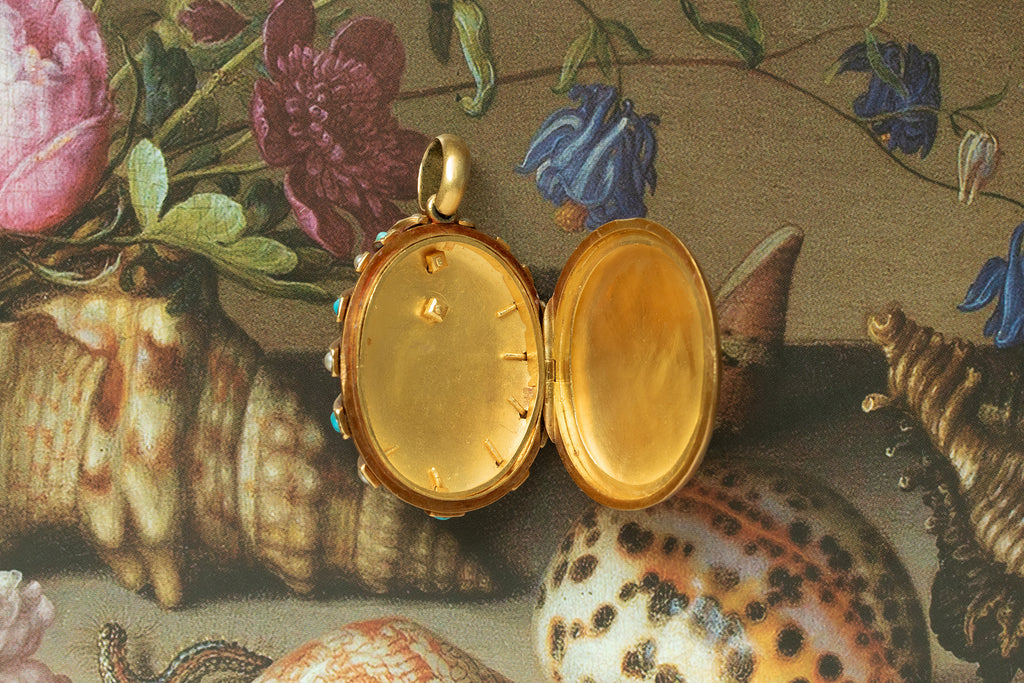 Mid-Victorian Turquoise Pearl Diamond 'Seashell' Locket