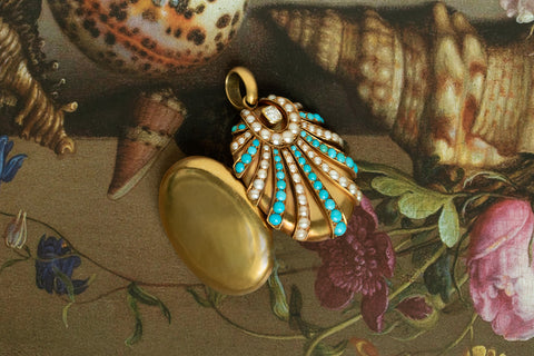 Mid-Victorian Turquoise Pearl Diamond 'Seashell' Locket