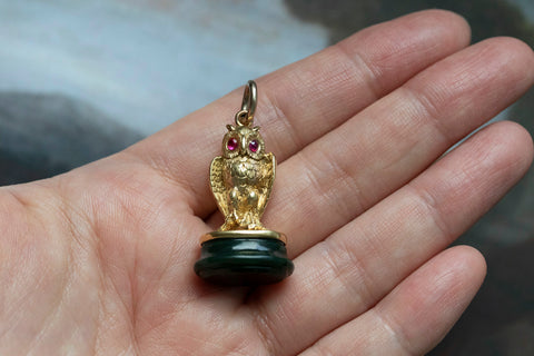 Victorian 18k Gold & Ruby Owl Seal Fob Pendant