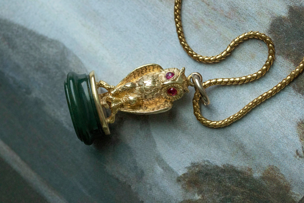 Victorian 18k Gold & Ruby Owl Seal Fob Pendant