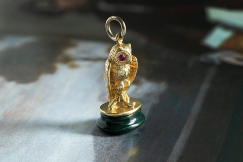 Victorian 18k Gold & Ruby Owl Seal Fob Pendant