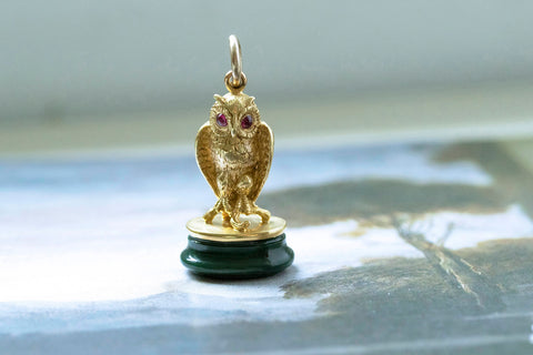 Victorian 18k Gold & Ruby Owl Seal Fob Pendant