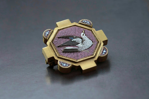 C.1870. Micro Mosaic Pink Tesserae & White Dove 'Peace' Brooch