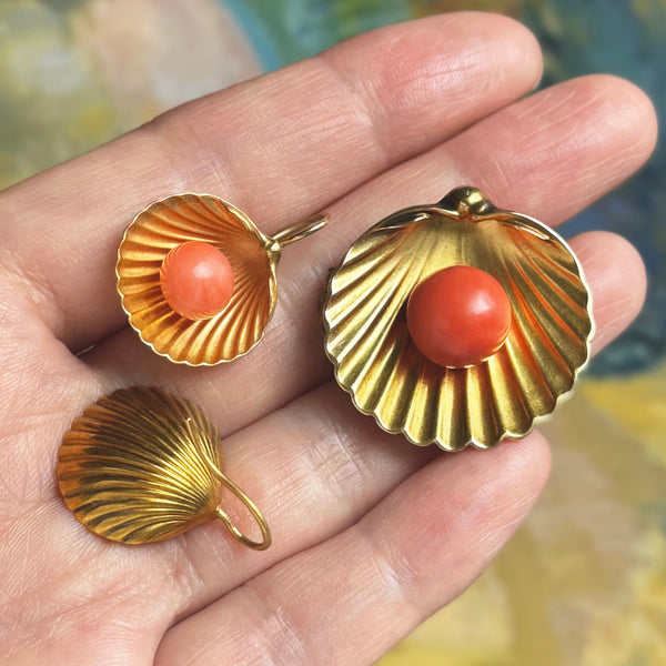 Victorian Coral Shell Earrings and Brooch Suite
