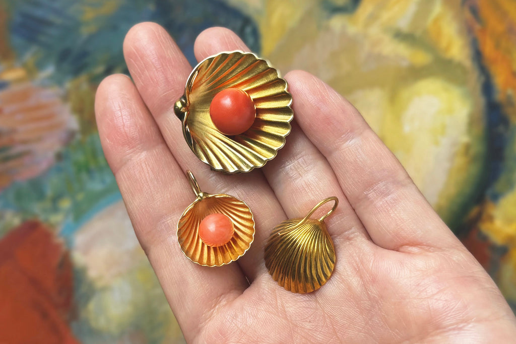 Victorian Coral Shell Earrings and Brooch Suite