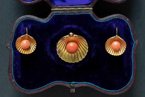 Victorian Coral Shell Earrings and Brooch Suite