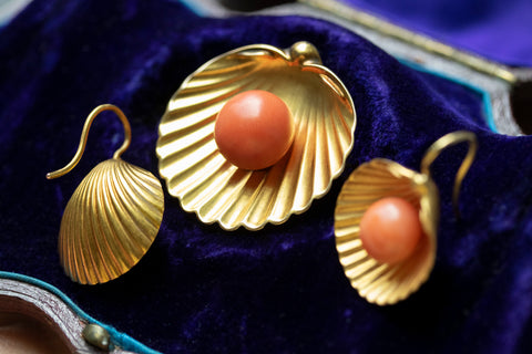 Victorian Coral Shell Earrings and Brooch Suite