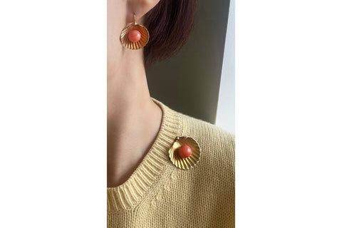 Victorian Coral Shell Earrings and Brooch Suite